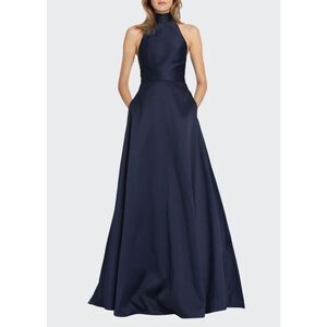 ML Monique Lhuillier Halter Keyhole Sleeveless Navy Satin Ball Gown with Pockets